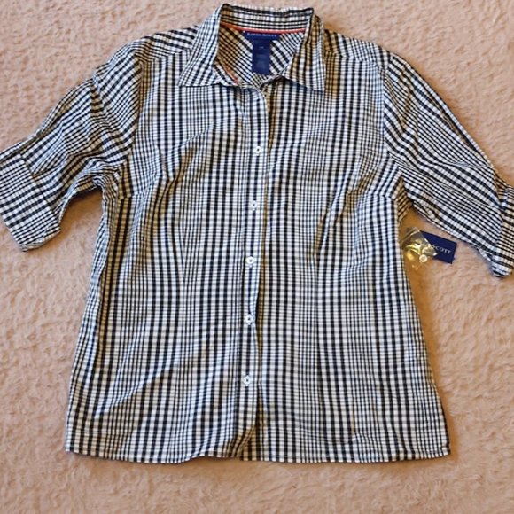 Karen Scott Black and White Plaid Quarter Sleeve Button Down Blouse - Picture 1 of 4